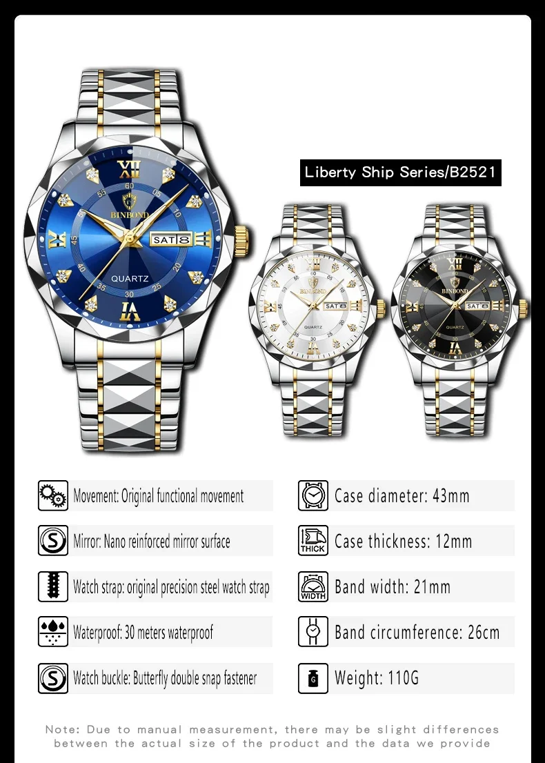 BINBOND 2521 Luxury Men's Quartz Watch Waterproof Luminous Double Calendar Watch Men's Quartz Watch Diamond Pointed Glass