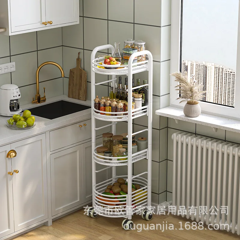 

Kitchen Multi-Tier Movable Trolley Carbon Steel Adjustable Floor Height round Storage Box Storage Rack Grid Trolley