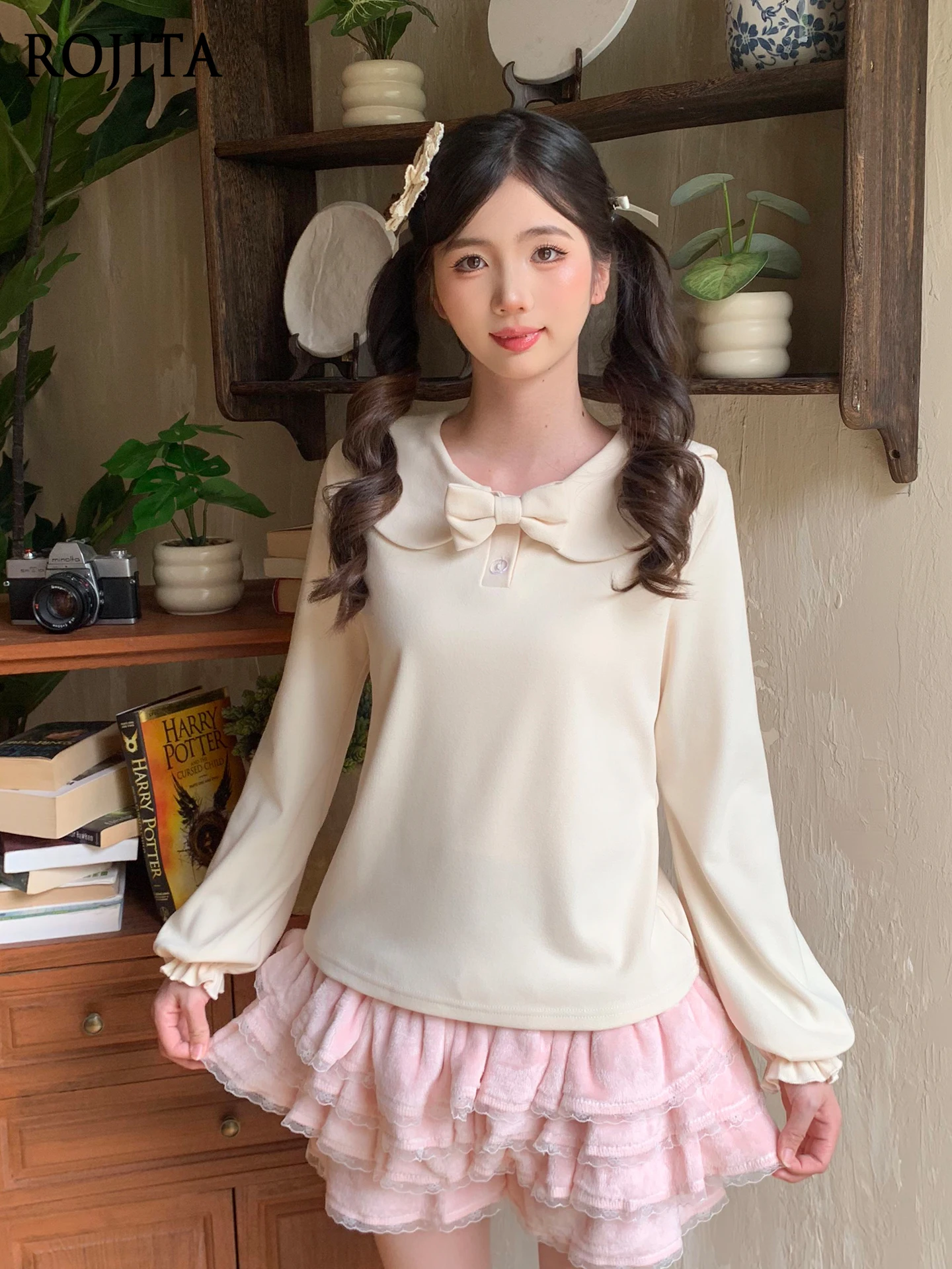 

Милый мягкий топ в стиле Лолиты для девочек, осенне-зимний кукольный воротник, термофутболка с длинными рукавами, базовая рубашка, милый топ для женщин