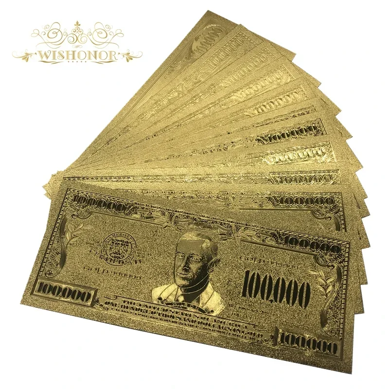 10pcs/lot Collectible USD 100000 Dollar 24K Gold Plated Banknote Bill World Paper Money Gold Foil Collections Art Creative Gift