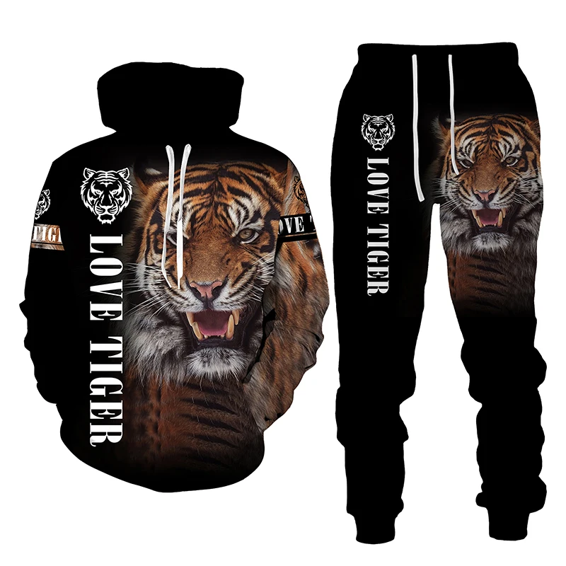 The Tiger 3D Printed Men\'s Hooded Sweatshirt Set Pants Men\'s Sportswear Tracksuit Long Sleeve Autumn Winter Men\'s Clothing Suit