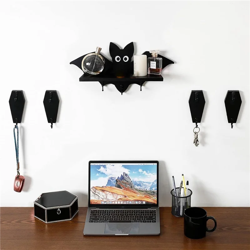 A43T 4X Halloweenowy Wieszak na Ścianę w Kształcie Trumny, Haczyk Ścienny na Klucze - Rustykalny Czarny Drewniany Wieszak A