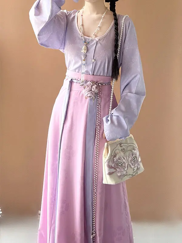 

Original Tang Dynasty Hanfu Set - Women's Dropped-collar Top + High-waisted Split Skirt Traditional Chinese Clothing Set