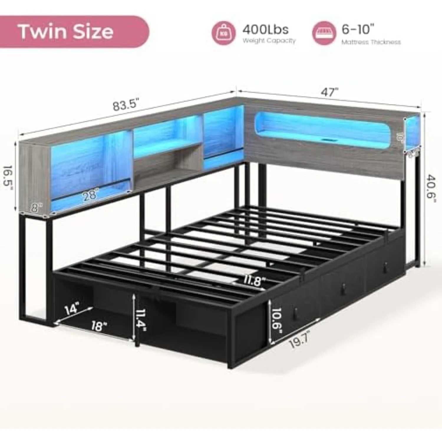 Twin Corner Bed Frame with Bookcase Storage & Headboard, Grey | Charging Station, RGB Lights, Metal Daybed with 3