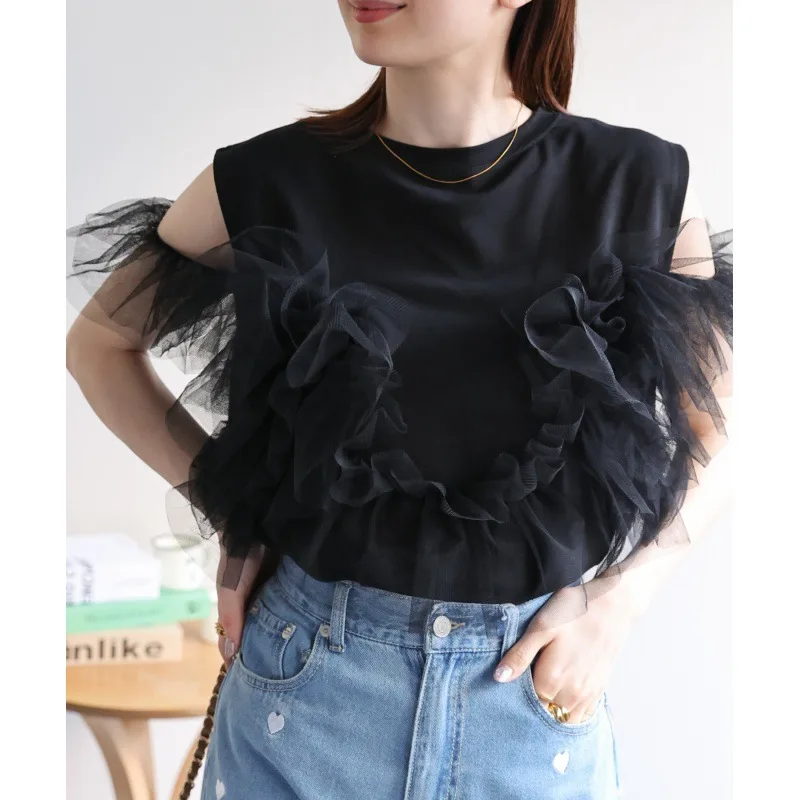 Ruffles Mesh Patchwork Sleeveless Vest Women Tshirts Casual Fashion Elegant Office Lady Tees Simple Solid O-neck Tank Top