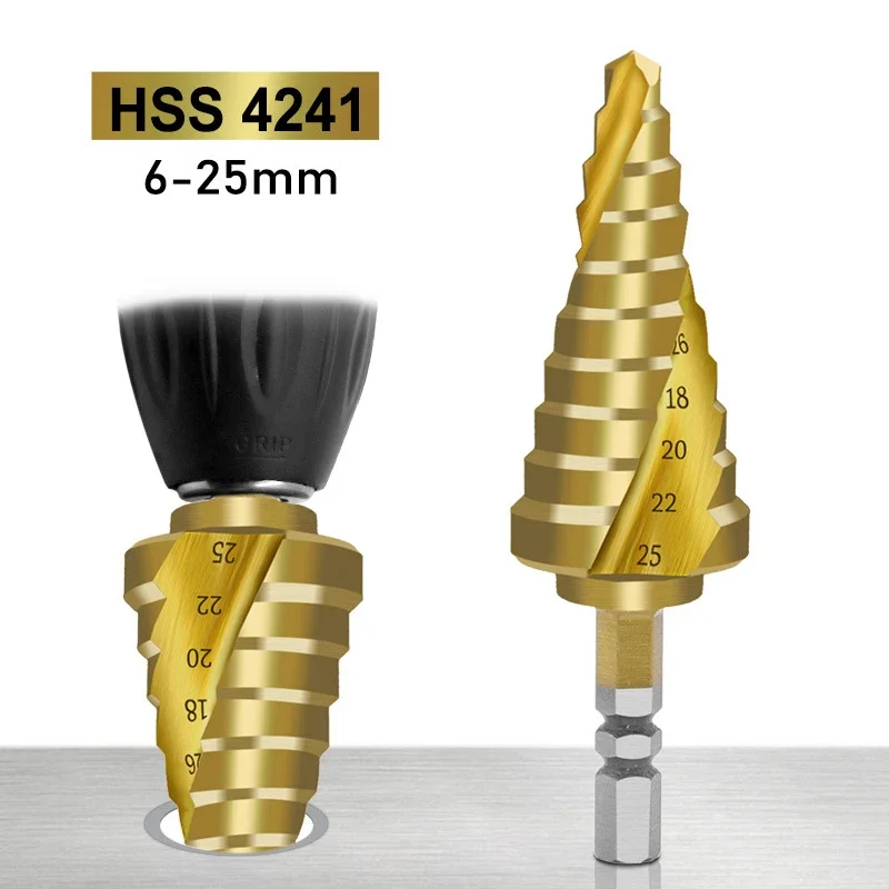 

HSS Titanium Coated Woodworking Step Pagoda Drill Bit Metal Wood Hole Cutting Tool Cone Drill Reamer Bithex Handle 6-25mm