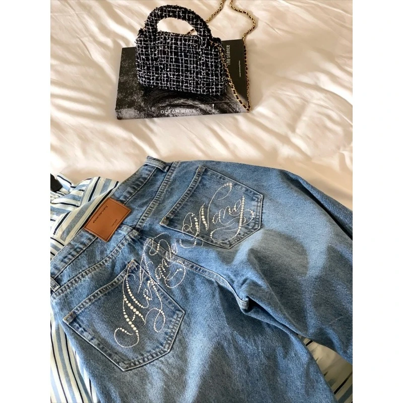 

Градиентные летние синие джинсы 2024, женские винтажные джинсы с высокой талией Y2K, прямая уличная одежда, свободные большие широкие джинсовые брюки