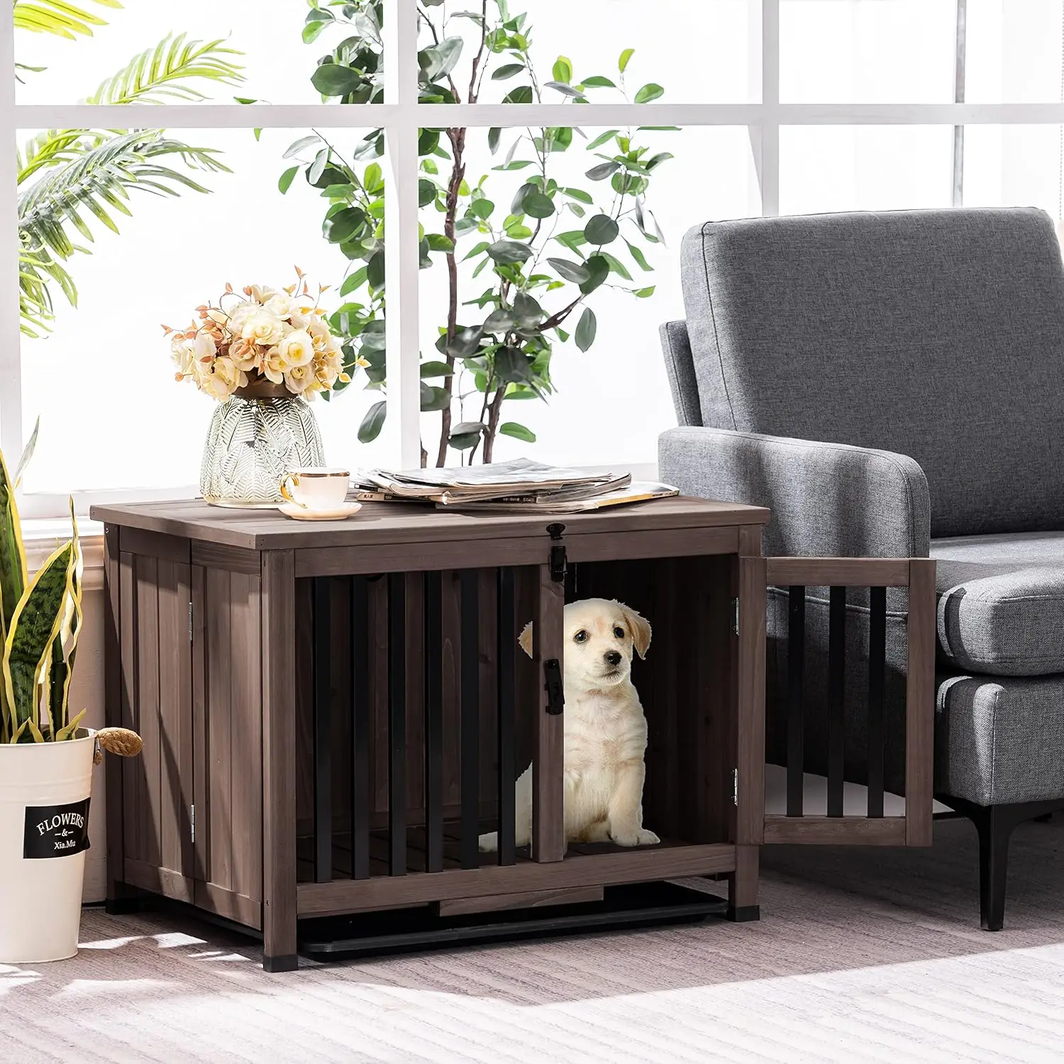 Wooden Dog Crate Furniture, Dog Kennel Pet House End Table, Solid Wood Portable Foldable Indoor Cage for Dogs,