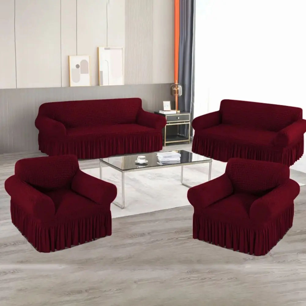 

High Elastic Seersucker Grid Sofa Cover Dirt-resistant Universal Sofa Protecter 1/2/3/4 Seater with Skirt Hem Sofa Slipcover