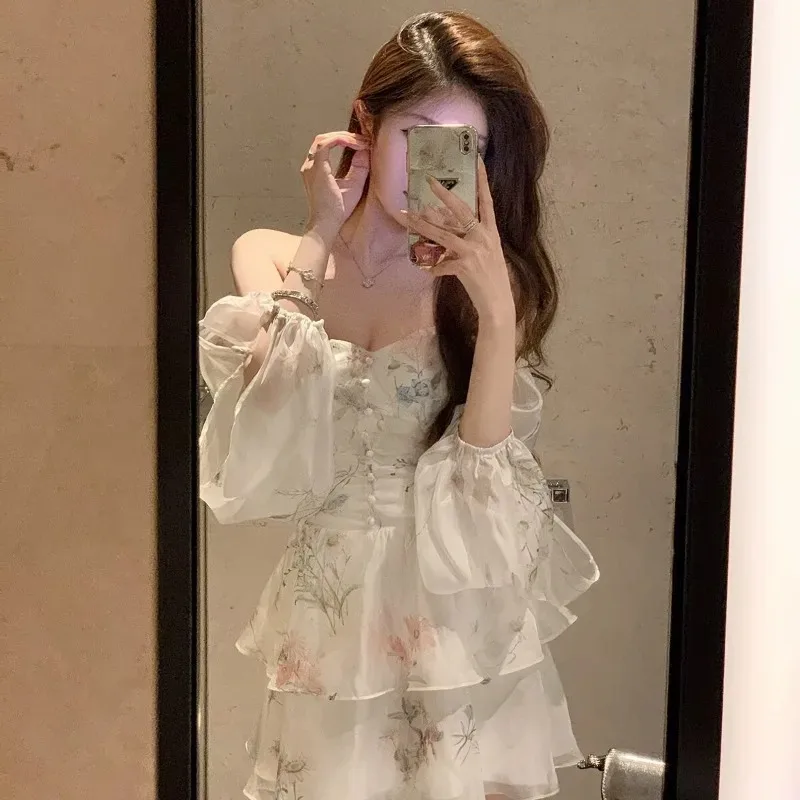 Chiffon floral impressão em camadas mulheres mini vestidos doce fora do ombro babados retrar cintura robe 2025 senhora praia festa vestido