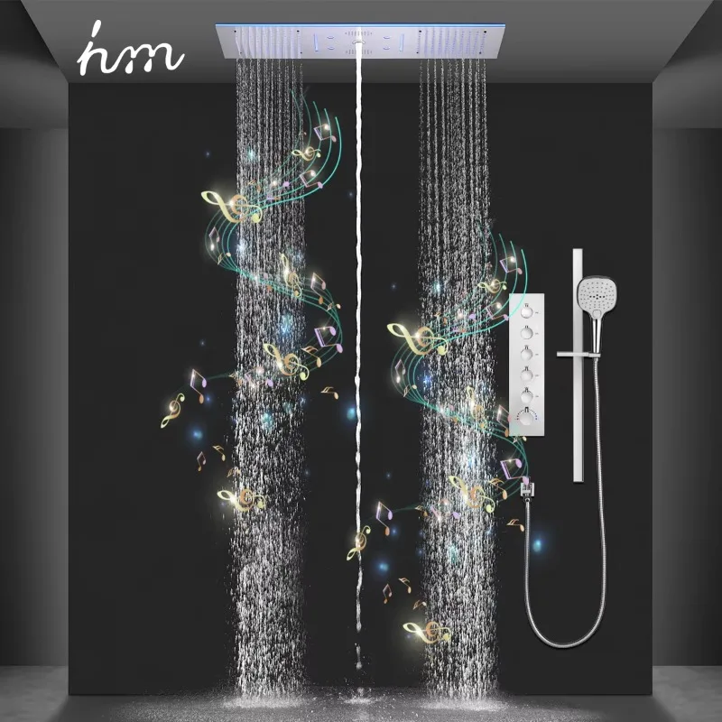 Light Emitting Diode Music Bathroom Smart Shower Set Multifunctional Rain Waterfall Spray Column and Manual Shower Mixer Set