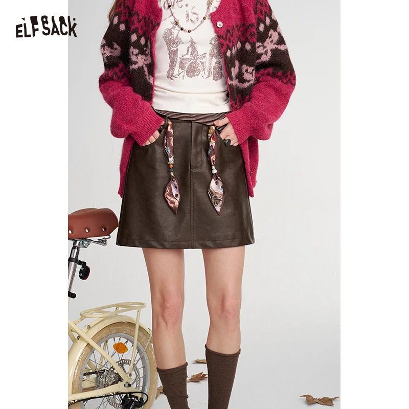 ELFSACK Women's Faux Leather Mini Skirt with Printed Straps, Chic Bottom for Daily Wear, Stylish Casual Short Skirt