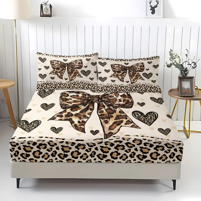 3Pcs Fitted Sheet Set Trendy Leopard Print, Bow and Heart Bedding Set No Fillers, Elastic Deep Pocket Fit Common Home Mattress