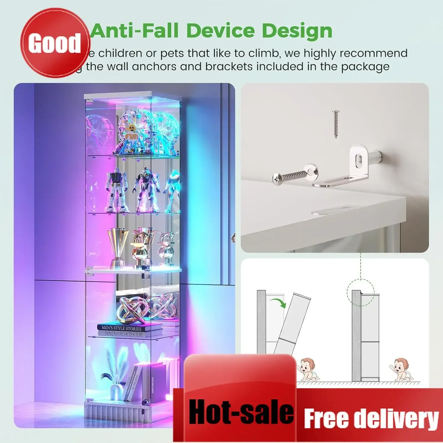 White 6 Tier Curio Cabinet Lockable Explosion Proof Glass Door RGB LED Motion Sensor Light Display Case For Collectibles