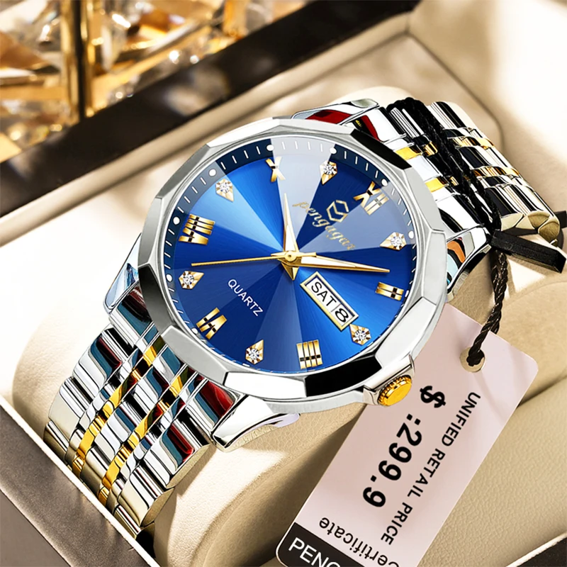 Men Watch Water Diamond Luxury Night Glow Double Calendar Quartz Movement 41mm Blue Gold Stainless Steel Fashion Business Watch