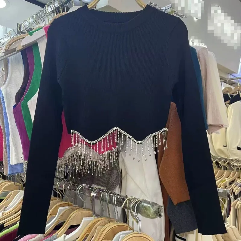 Women Clothing Tops Minimalist Round Neck Long Sleeved Chain Sexy Half Body Exposed Navel Slim Fit Short T-shirt 2024 Autumn New