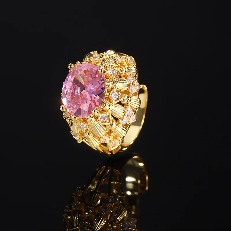 

Gold-Plated Copper Jewelry Vintage Ring Zircon Pink Zircon Blood Red Corundum Zircon Full Diamond Wholesale Women's