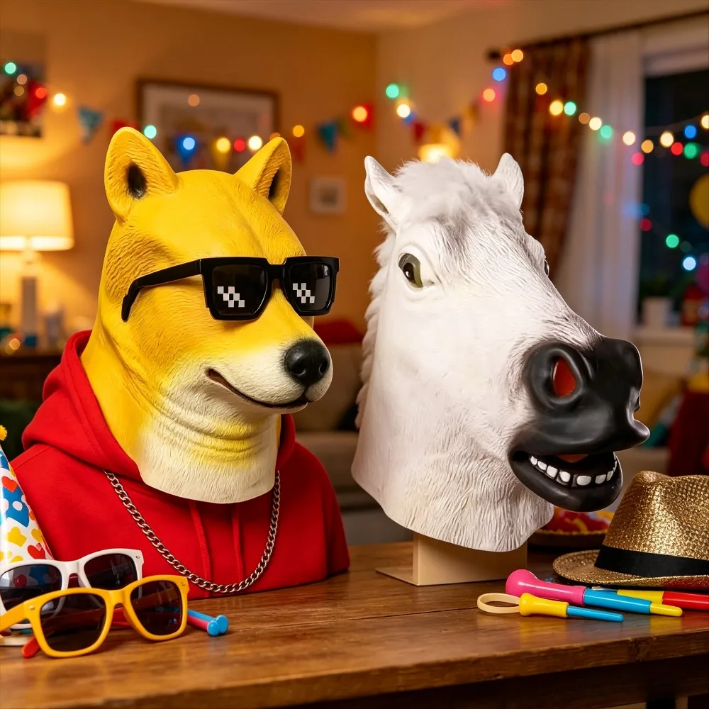 Funny Animal Headgear Prank Mask Doge Demon Horse Cow Donkey Costume Party Cosplay Single Animal Head Mask for Halloween Events