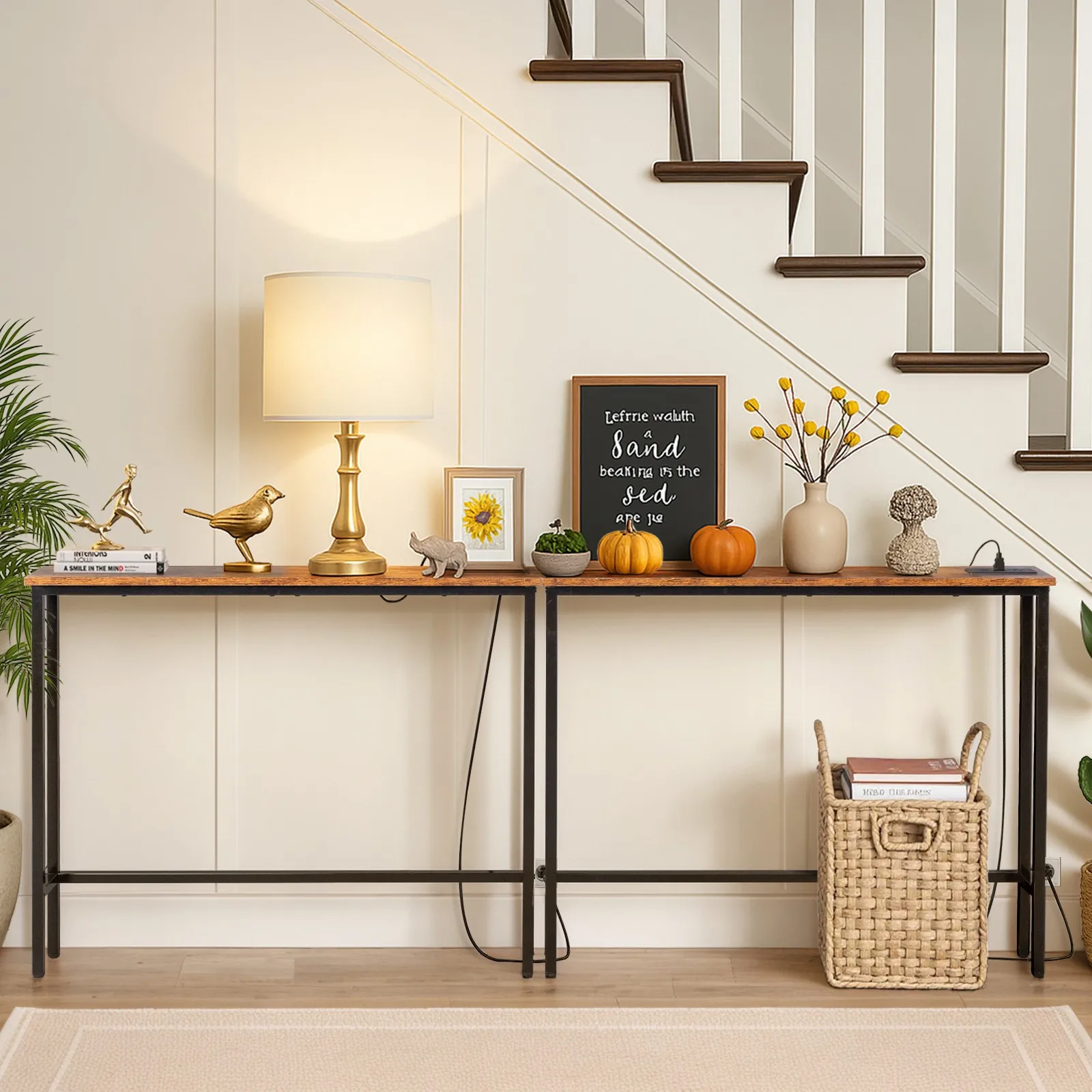 Behind Couch Table with Power Outlets USB Ports for Living Room Entryway Black