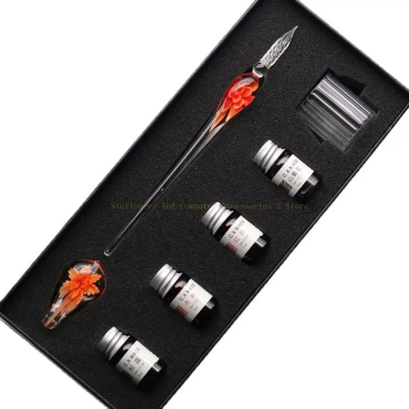 7PCS/SET Handmade Floral Glass Pen Dip Writing Pens Set for School