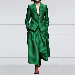 Beautyblue Blazer Set Women Notched Collar Outerwear Striped Trousers New Vintage Loose Wide Leg Long Sleeves Suit Costume Femme