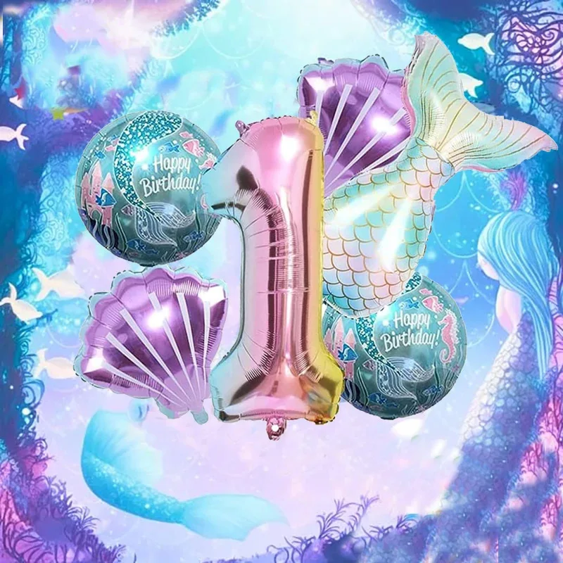 6-teiliges Meerjungfrauenschwanz-Kugel-Set aus digitaler Folienballon, Meerjungfrau, Ozean, Märchen, Meer, Thema, Mädchen, Geburtstag, Party, Nummer 0–9, Dekoration – Detail 4
