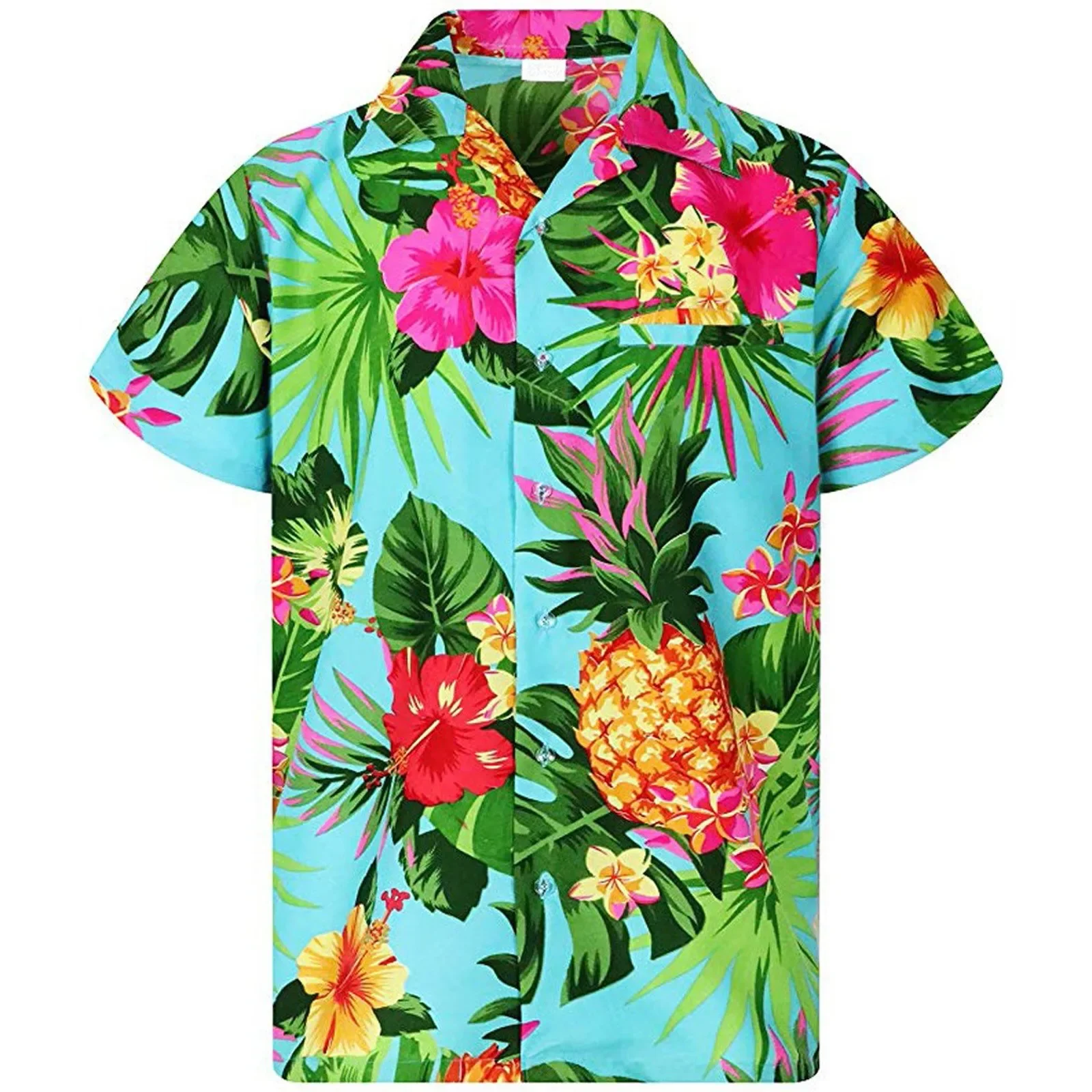 Camisa Havaiana Feminina Estampada com Folhas e Abacaxi, Blusas e Tops Femininos de Verão