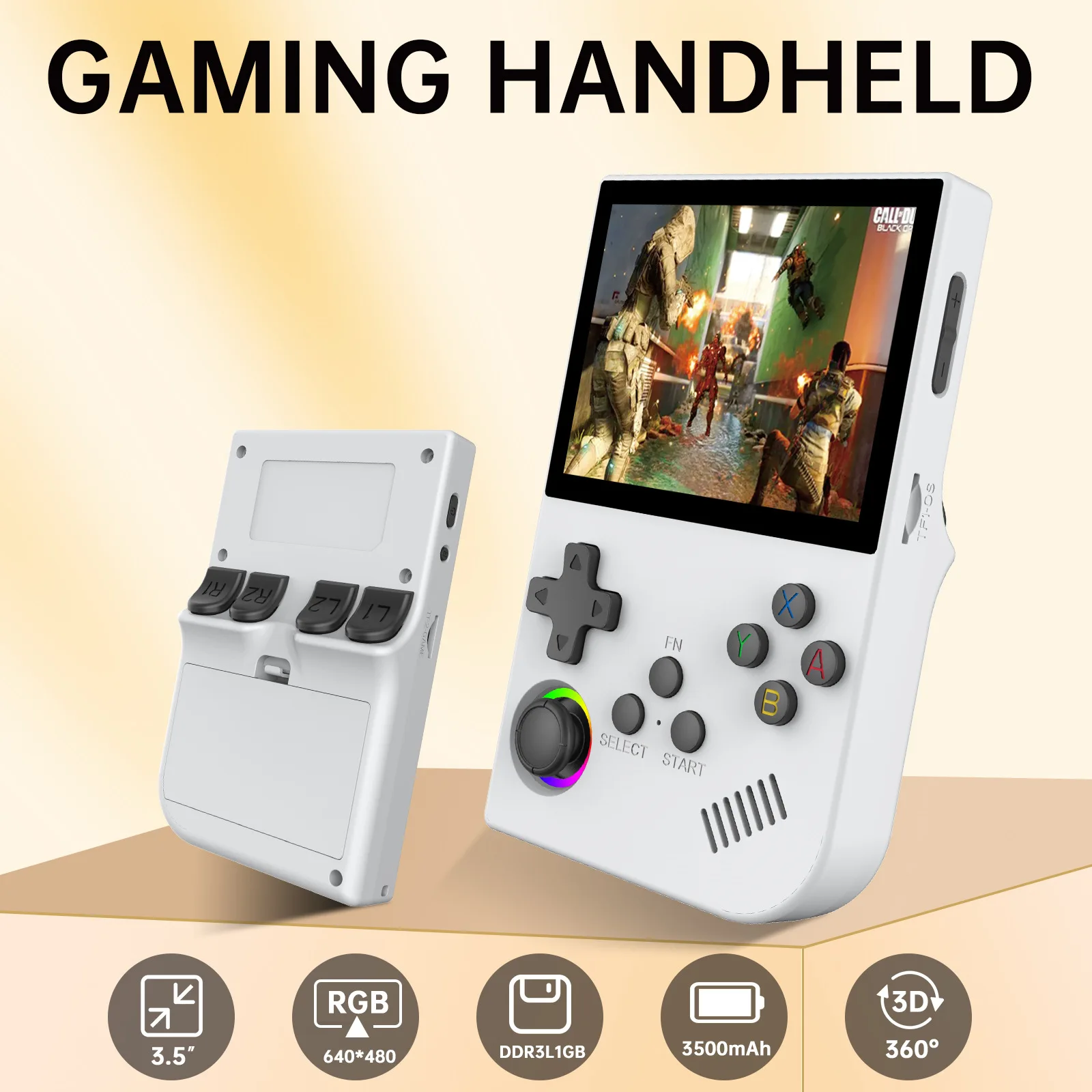 XGB36 Retro Handheld Game Console, 3.5 Inch IPS 640*480 Screen, RGB 360° Joystick, Linux Open Source System, 3500mAh Portable Vi