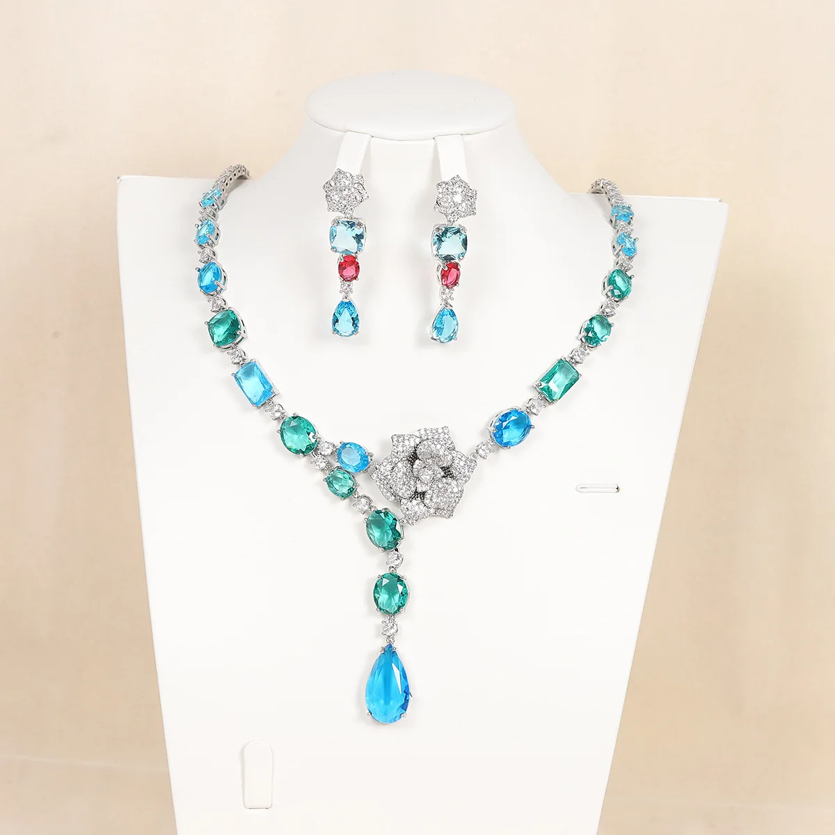 HIBRIDE Sky Blue White Four Seasons Focus Shiny Jewelry Necklace Earrings Women's Wedding Party Dress Gift for Holiday S-934