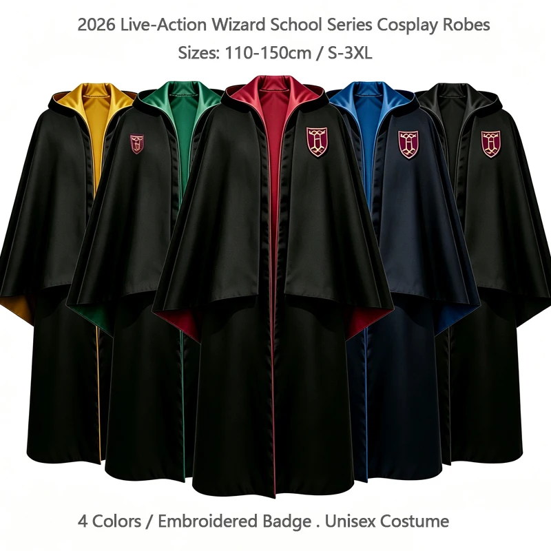 Disfraz Harry Hogwarts Túnica de Mago con Capucha Hogwarts, Serie TV Escuela de Magia 2026, Gryffindor Slytherin Ravenclaw Hufflepuff Cosplay para Halloween y Comic Con