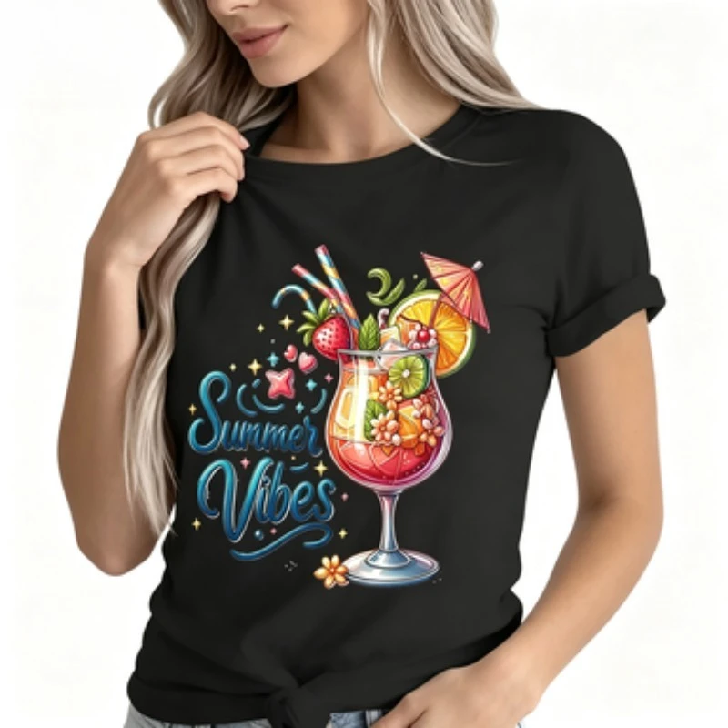 Female Slim‑fit Round‑neck Tee Cute Summer Fruit Beverage Decor Letter Pattern Beach‑style Casual Short Sleeve Tops