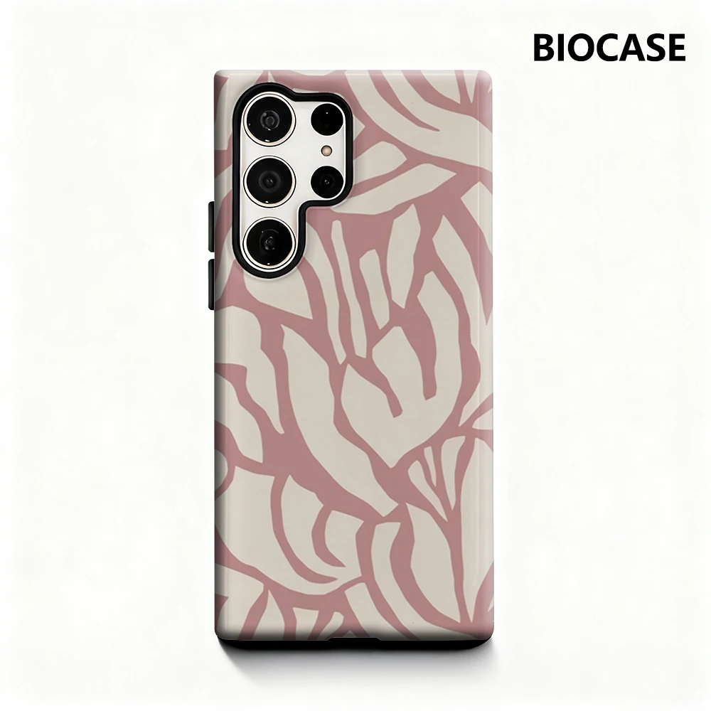 Rosa Blattmuster Handyhülle für Samsung Galaxy S25 Ultra S24 S23 Ultra Plus Glänzende doppellagige Rückseite