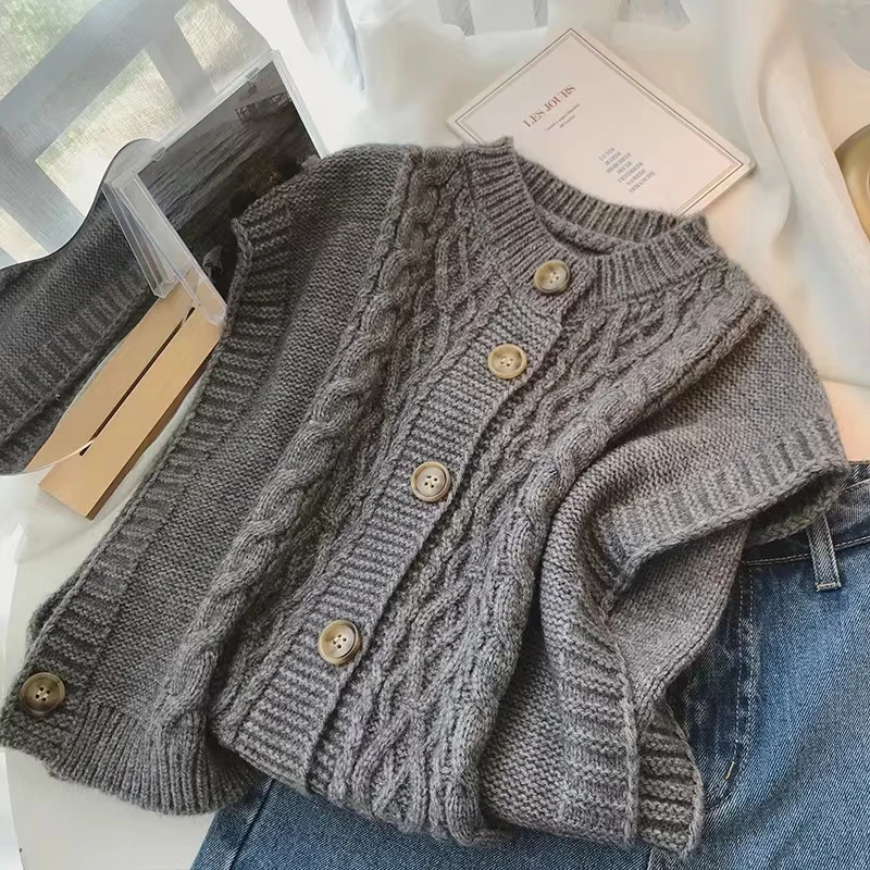 

Korean Retro Solid Color Sweater Vest Casual O Neck Button Knitted Tank Top Elegant Sleeveless Knitted Cardigan Office Lady Tops