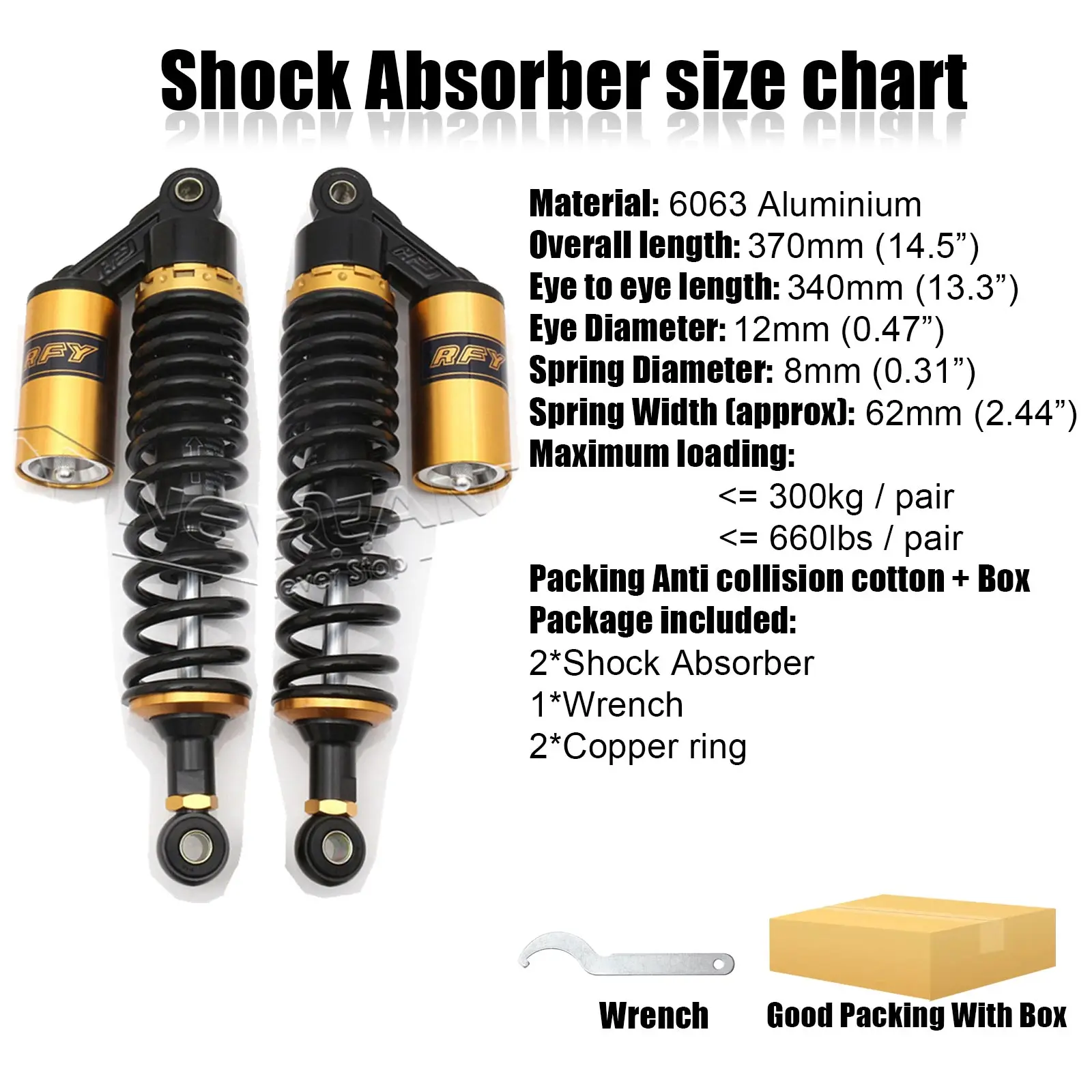 340mm Spring 8mm Air Shock Absorber Suspension Motorcycle Motorcross Bike Front Rear Falling Protection Accessories Moto Golden