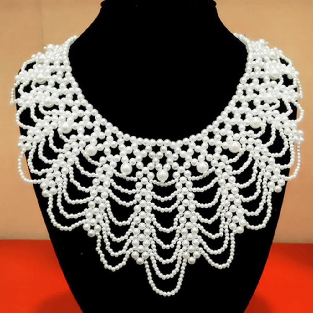 Women Ribbons Bride Dress Detachable Collar Pearl Fake Collar Pearl Beaded Lace Trim Collar