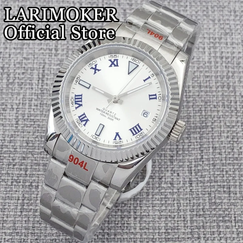LARIMOKER 36 مللي متر/39 مللي متر الياقوت الزجاج الفولاذ المقاوم للصدأ ساعة فضية للرجال روندا 515-24H حركة الكوارتز 100 متر ساعات مقاومة للماء