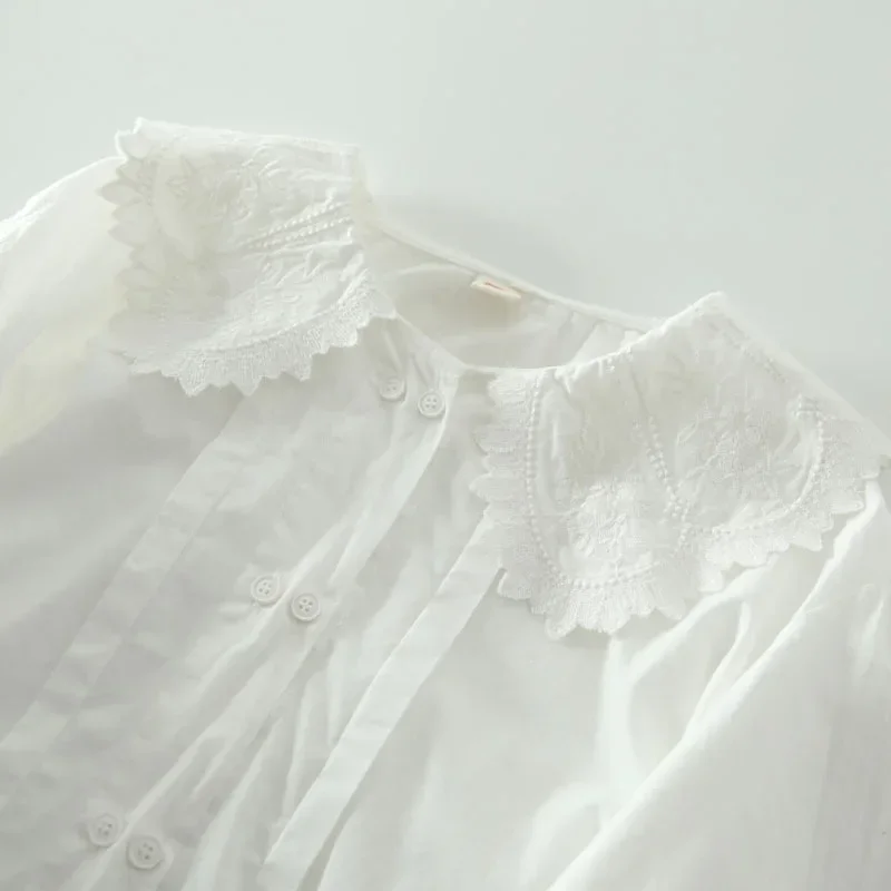 

Korean Cotton Puff Long Sleeve Embroidery Peter Pan Collar Loose Fit White Shirt Spring Elegant Retro Chic Edwardian Blouse Top