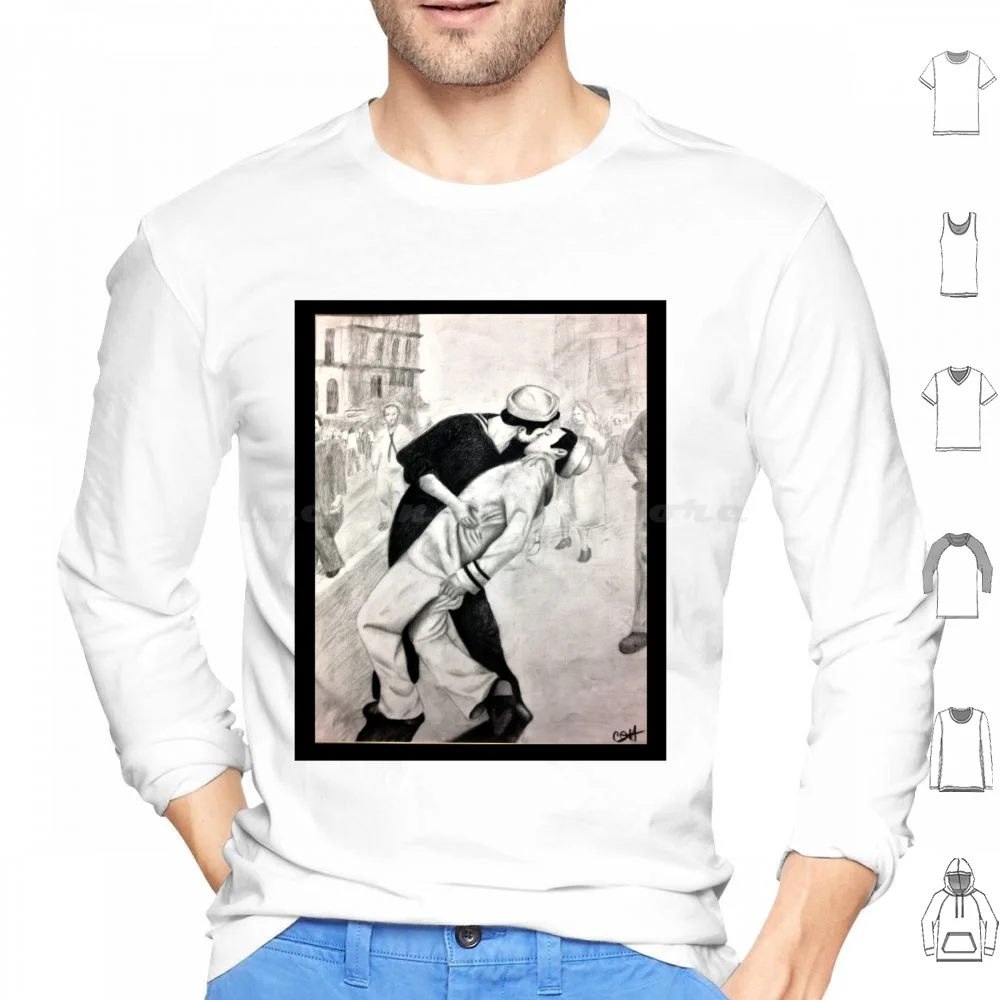 V-Day Kiss Hoodies Long Sleeve Pride Vday Kiss Navy Lqbtq Black And White Sketch Charcoal Love Kiss Pride Men