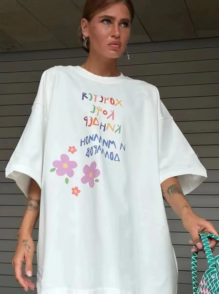 

Women's Casual Summer T-shirt, Print Tees, Flower, Traff Tops, 2024