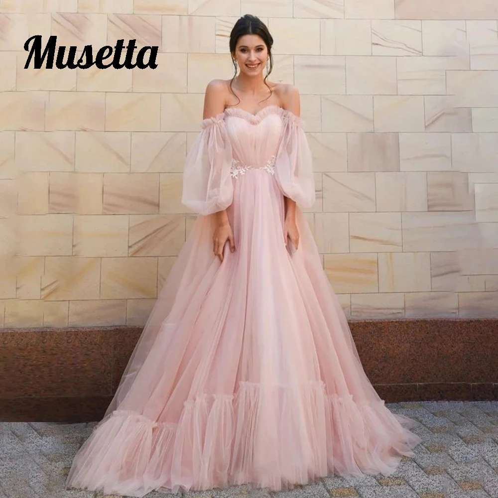 Musetta Pink Prom Formal Dresses 2025 Puffy Sleeves Off The Shoulder Pleated Tulle  Evening Gowns A-Line Open Back Customized