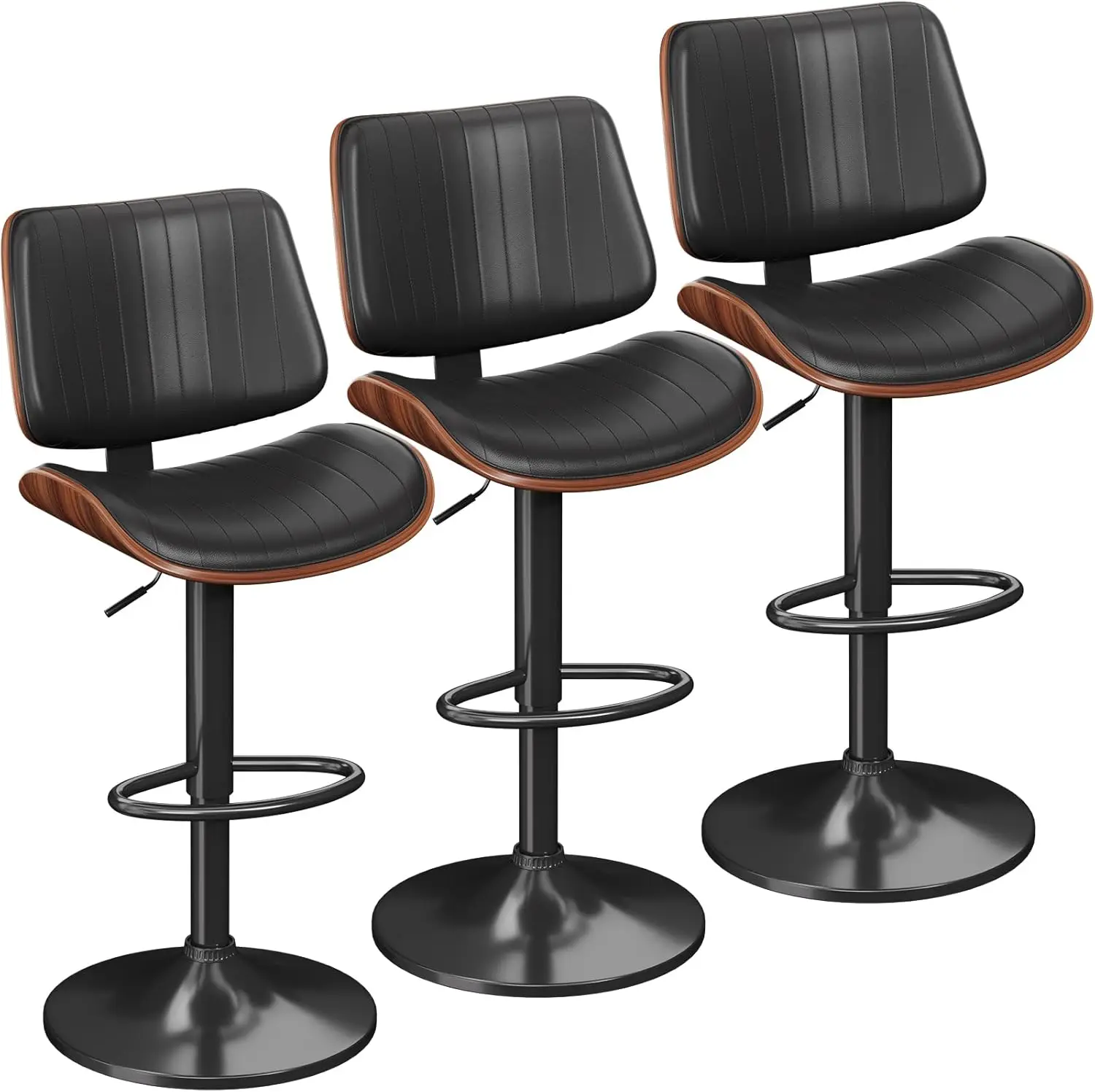 Conjunto de 3 bancos de bar, bancos de bar modernos com encosto de madeira curvada e assento de couro, bancos de bar para balcão de cozinha