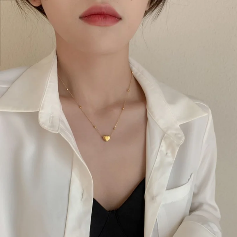 316L Stainless Steel New Fashion Upscale Jewelry Lovers Love Heart Shape Charms Beaded Chain Choker Necklace & Pendant For Women