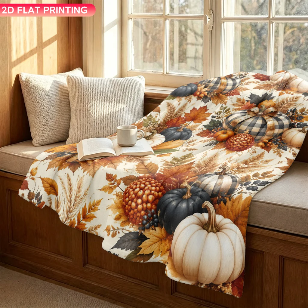 Luxurious Autumn Pumpkin Leaf Throw Blanket for Couch Decor Polyester Fall Harvest Thanksgiving Seasonal Warm Home Accent Decor