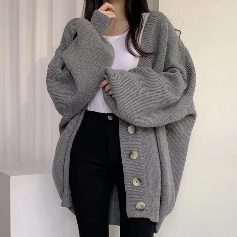 V-neck Button Up Knitted Cadigan Coat Thicked 2023 Autumn Winter Korean Vintage Lantern Sleeve Oversized Sweater Cardigan femme