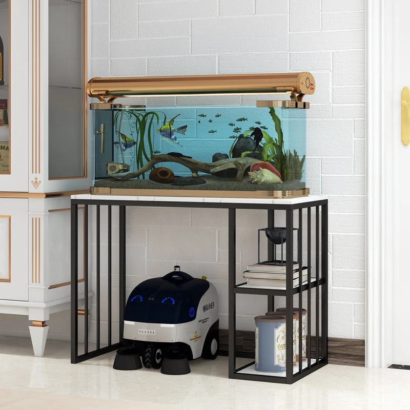Light luxury multi-layer fish tank rack, floor rack wrought iron marble bottom cabinet living room sofa side dining side cabinet
