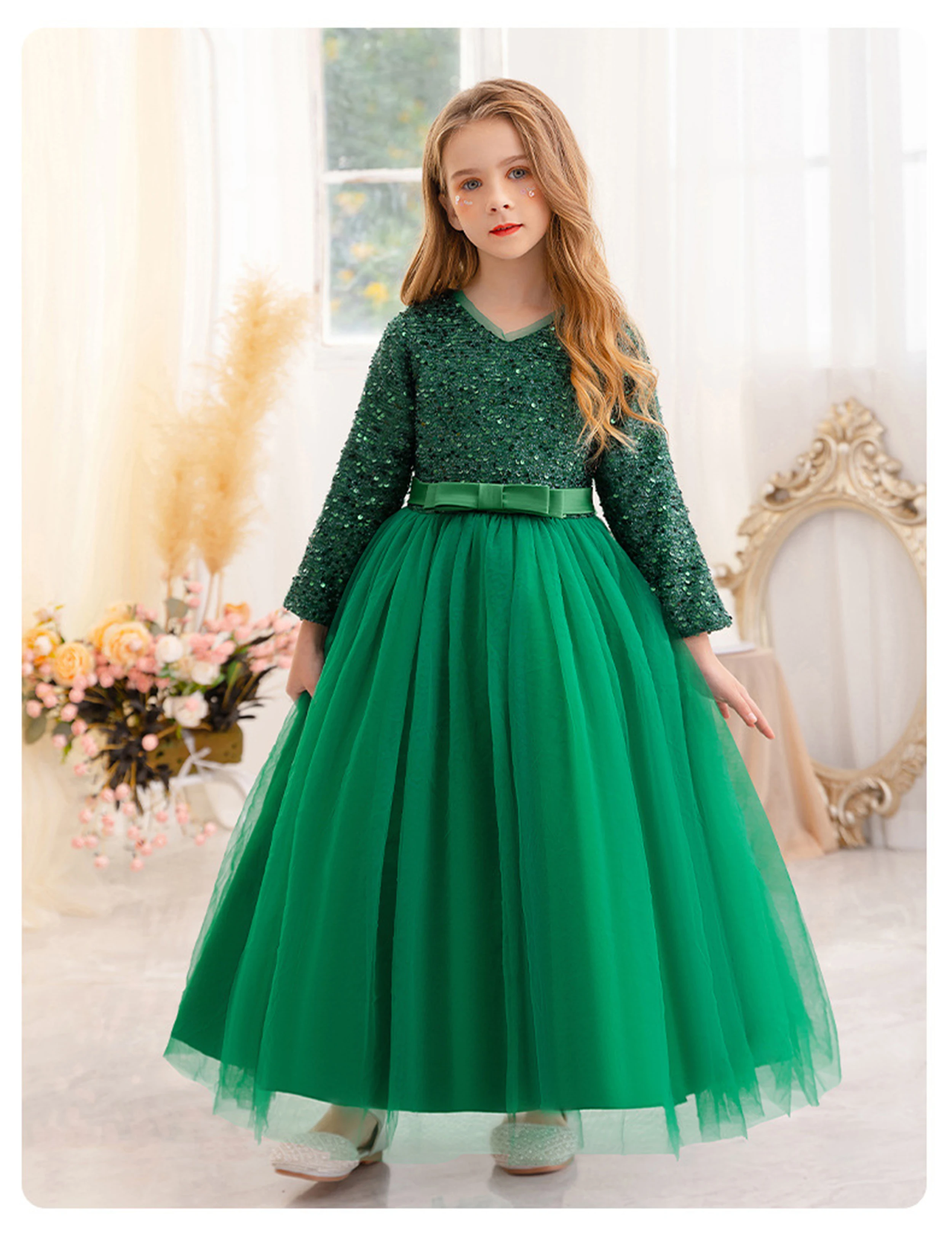 Little Big Girls Winter Long Sleeves Sequined Flower Girl Birthday Party Pageant Holiday Long Dress 23822