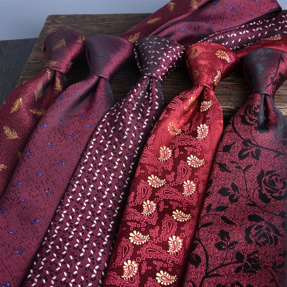 New Solid Wine Red Jacquard Necktie, 8cm Width Hand‑Tied Formal Tie, Wedding Groom Neckwear Party Performance Business Occasions