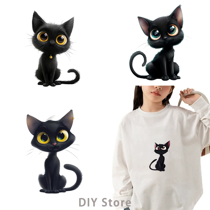 Big eyes black cat dtf patches for clothing Heat Transfer Patches Stickers Thermal for Clothing iron on heat transfer.