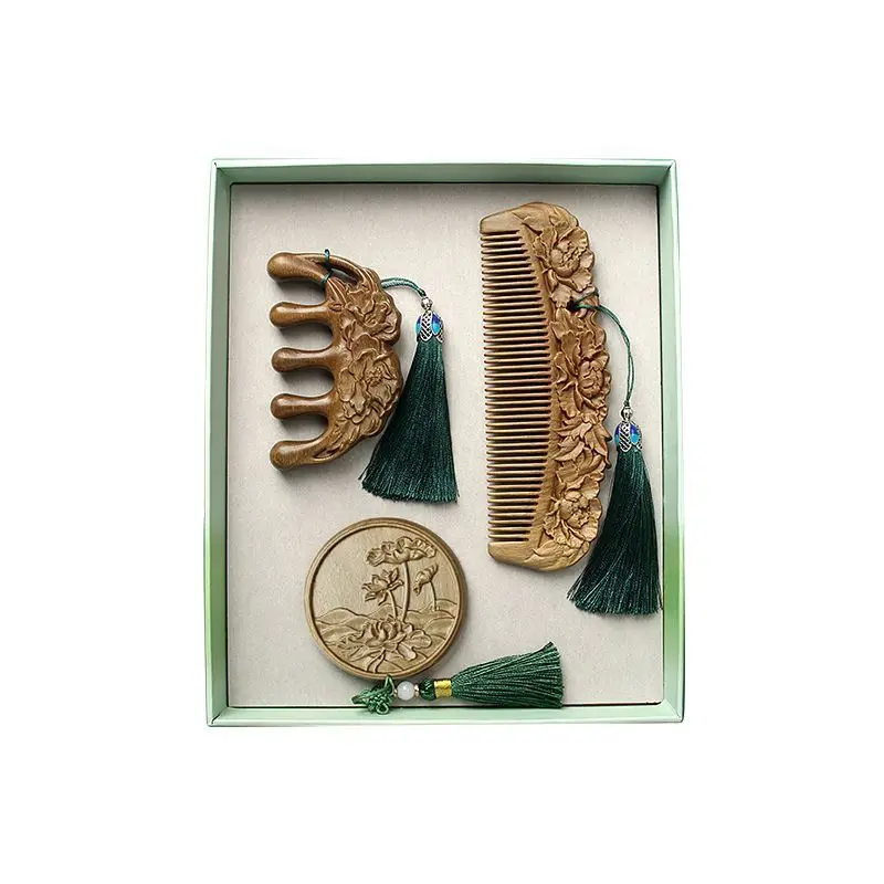Green sandalwood comb massage comb mirror national style hand-carved Qixi Festival Valentine's Day female long hair special