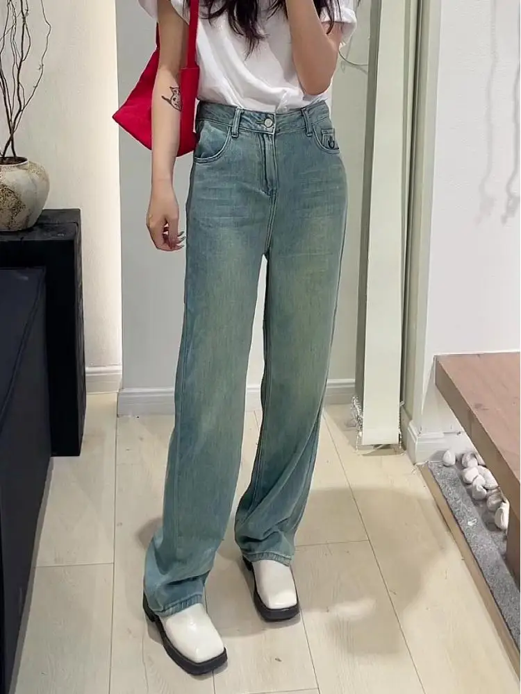 

FINEWORDS Smile Embroidery Wide Leg Jeans Women Causal Washed Loose Jeans Vintage High Waist Korean Streetwear Denim Pants